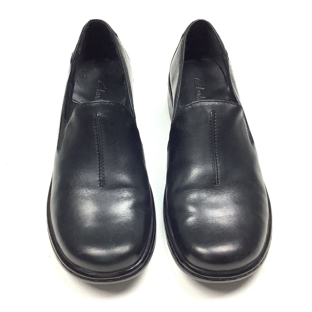 Clarks Slip On Shoes Women Size 6 M Black Leather Loafers Clogs Comfort - Picture 2 of 9